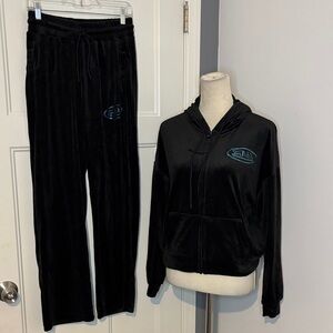 Von Dutch Crushed Velour Tracksuit With Blue Rhinestone Logo